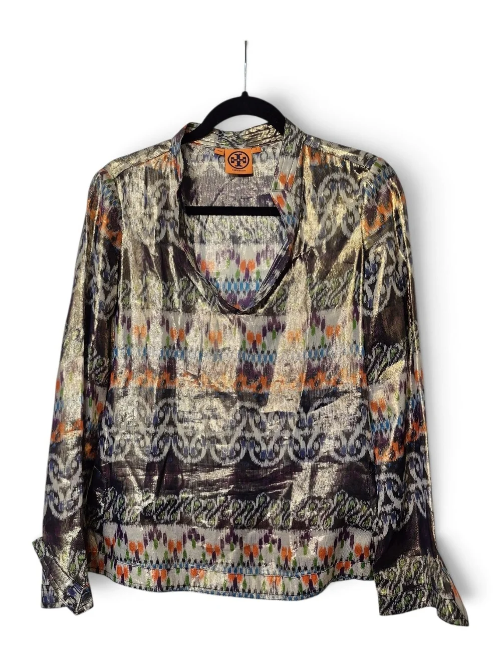 Tory Burch Stephanie Metallic Silk Tunic Blouse Size 2